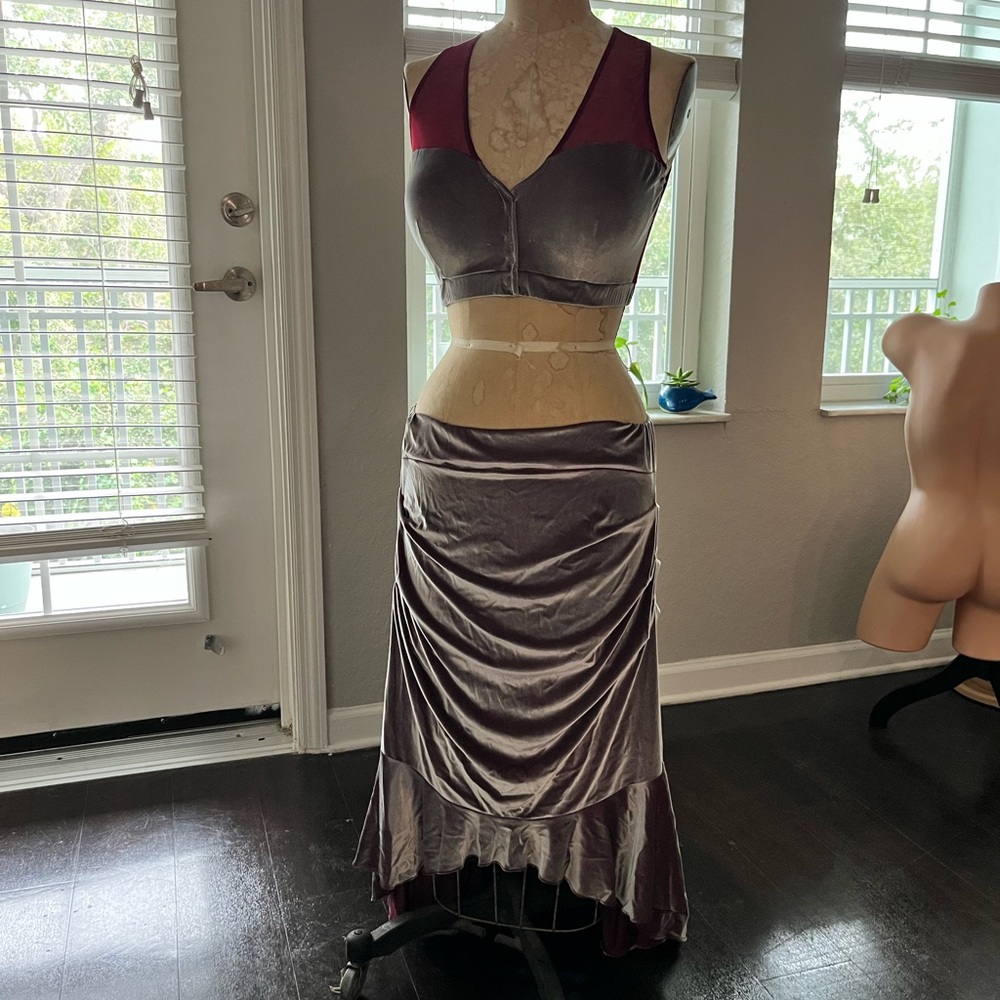 Feminine Gray stretch Velvet Skirt and Top matching outfit
